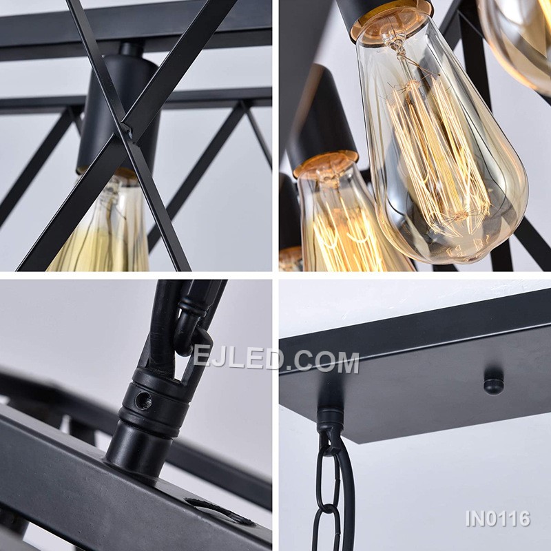 Black Lighting Rectangular Vintage 4-Light Industrial Pendant Lights Rustic Retro Hanging Lamp Indoor Light for Restaurant IN0116