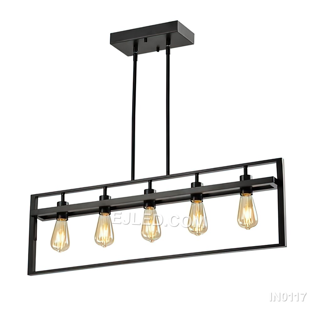 This rectangular black steel pendant light features an open frame design with five exposed lamps, suspended by two chains. Its straightforward construction offers broad, unobstructed illumination, ideal for large dining areas.