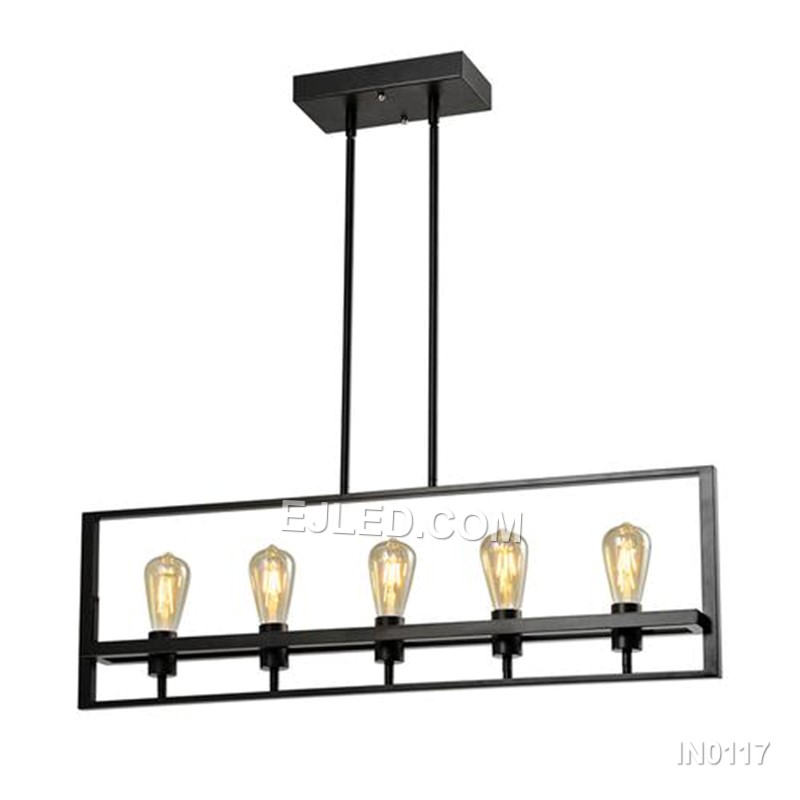 This rectangular black steel pendant light features an open frame design with five exposed lamps, suspended by two chains. Its straightforward construction offers broad, unobstructed illumination, ideal for large dining areas. - view 2