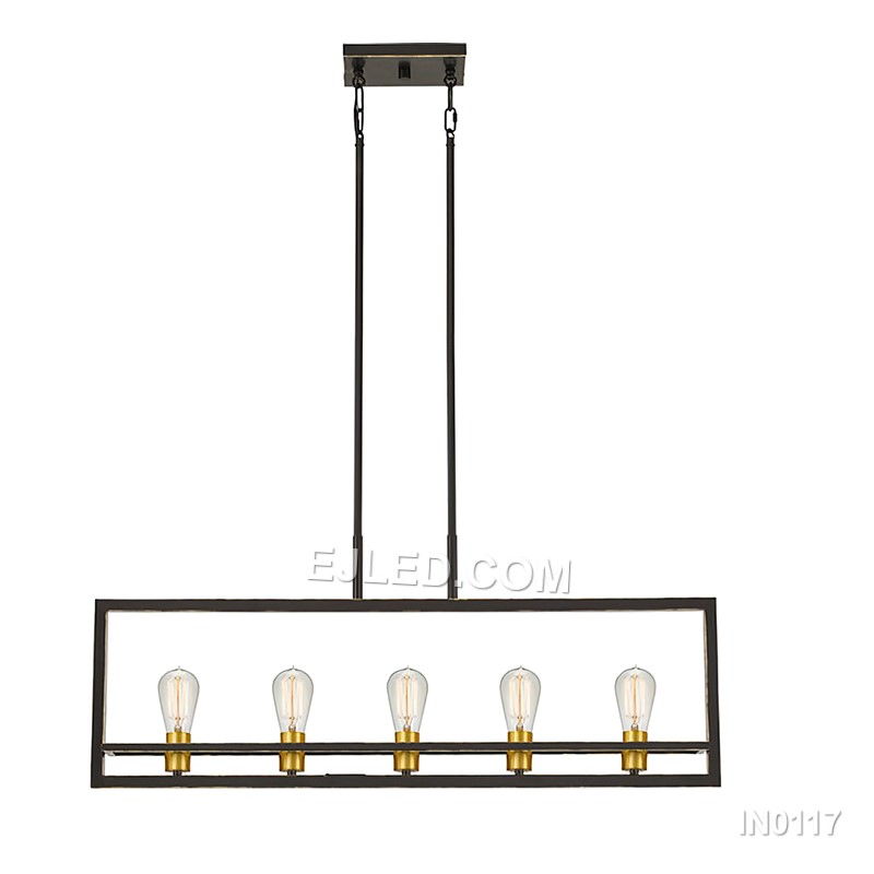 This rectangular black steel pendant light features an open frame design with five exposed lamps, suspended by two chains. Its straightforward construction offers broad, unobstructed illumination, ideal for large dining areas. - view 3