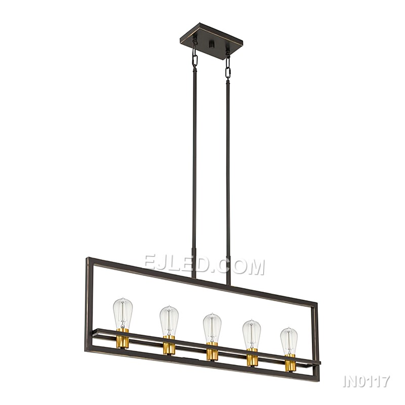 This rectangular black steel pendant light features an open frame design with five exposed lamps, suspended by two chains. Its straightforward construction offers broad, unobstructed illumination, ideal for large dining areas. - view 4
