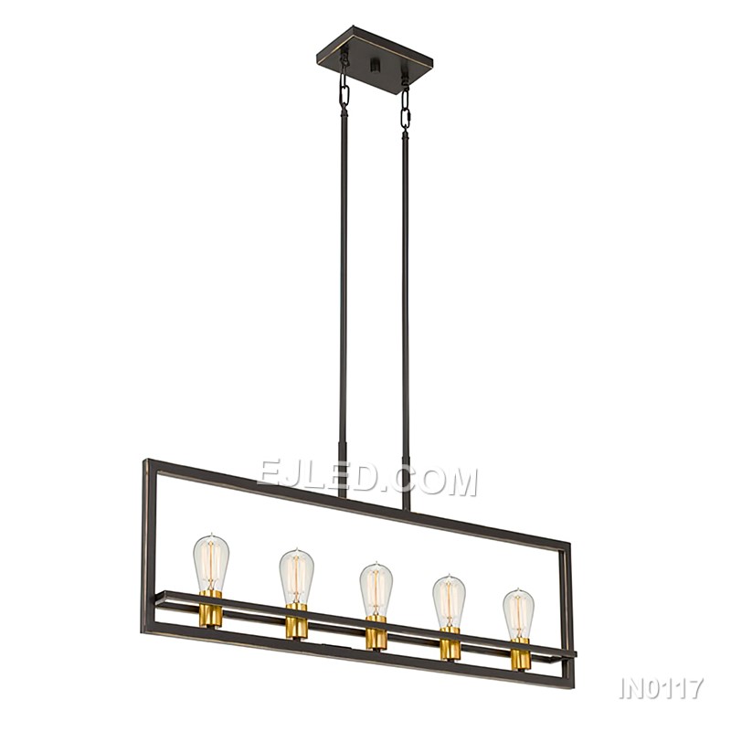This rectangular black steel pendant light features an open frame design with five exposed lamps, suspended by two chains. Its straightforward construction offers broad, unobstructed illumination, ideal for large dining areas. - view 5