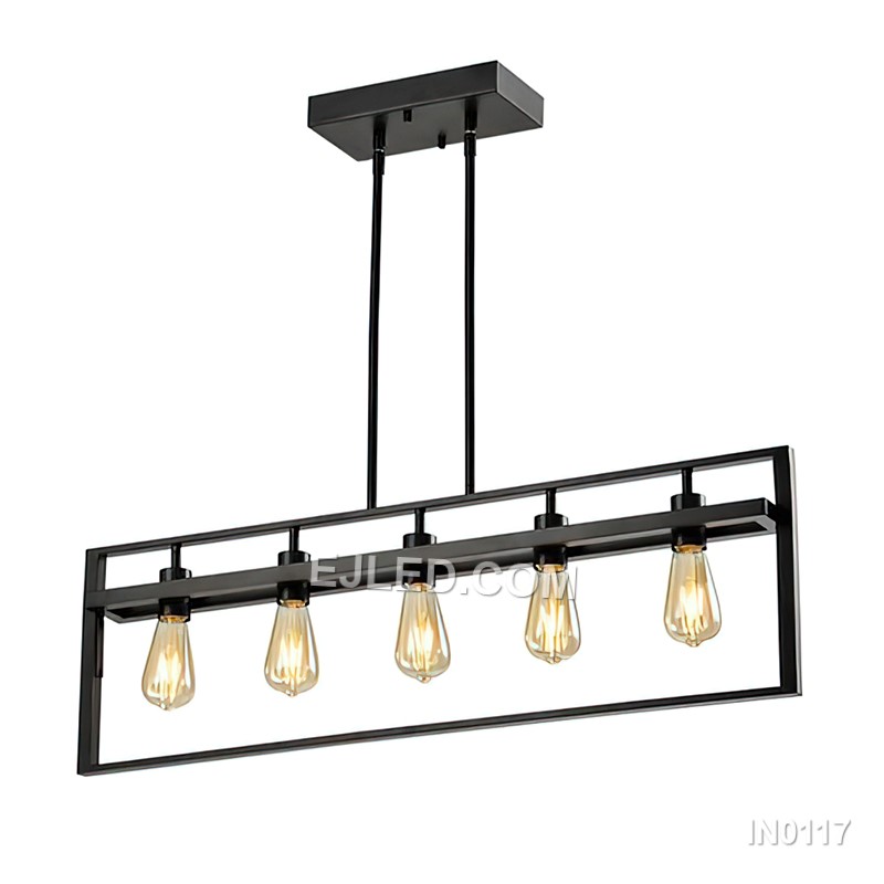 Farmhouse Kitchen Island Chandelier Iron Rectangular Retro 5-Light Pendant Lights Decorative for Over The Table IN0117
