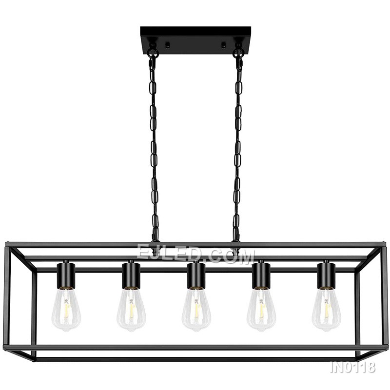 Fabricated from black steel, this pendant light features a lengthy rectangular open cage. It houses five exposed lamps in a linear arrangement, providing extensive, unobstructed illumination suitable for expansive surfaces like kitchen islands.
