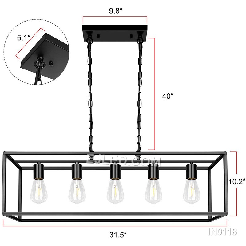 Fabricated from black steel, this pendant light features a lengthy rectangular open cage. It houses five exposed lamps in a linear arrangement, providing extensive, unobstructed illumination suitable for expansive surfaces like kitchen islands. - view 4