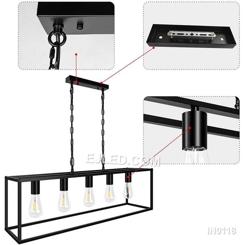 Fabricated from black steel, this pendant light features a lengthy rectangular open cage. It houses five exposed lamps in a linear arrangement, providing extensive, unobstructed illumination suitable for expansive surfaces like kitchen islands. - view 5