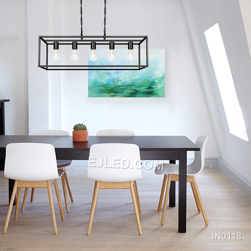 Fabricated from black steel, this pendant light features a lengthy rectangular open cage. It houses five exposed lamps in a linear arrangement, providing extensive, unobstructed illumination suitable for expansive surfaces like kitchen islands. - view 6