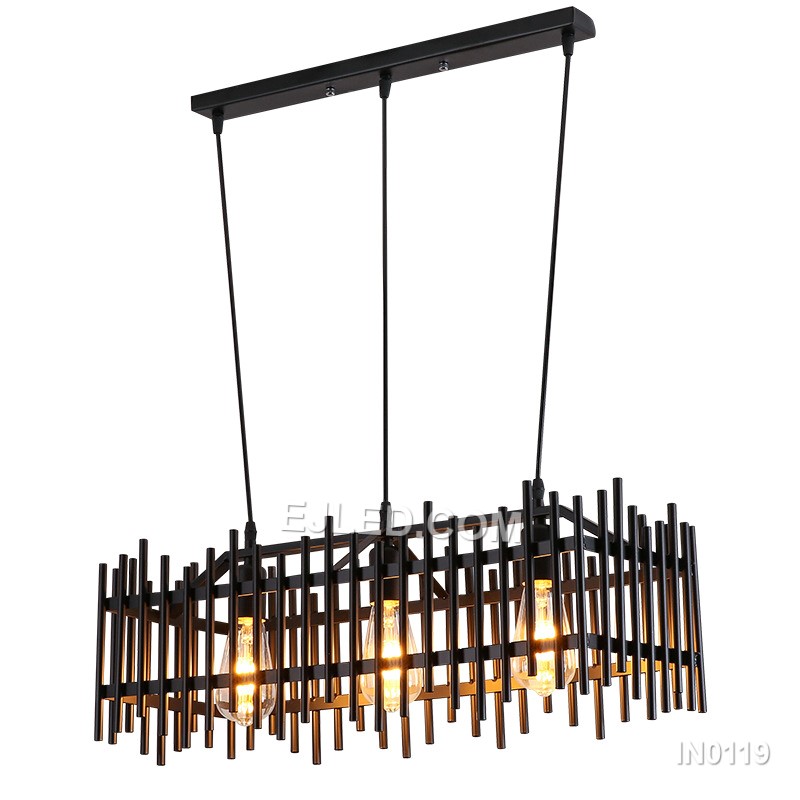 This iron pendant light features a compact rectangular black cage, enclosing three lamps for direct, focused illumination. Its open grid design prevents glare while highlighting the bulbs.