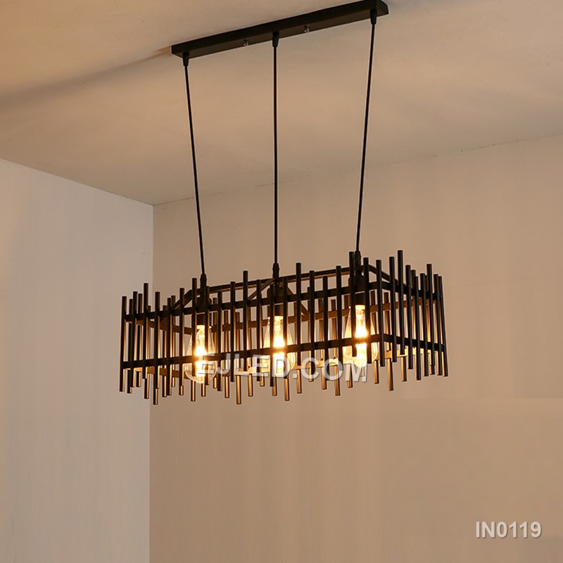 Black Pendant Lights Fence Rectangle Metal Cage Lampshade with 3-Light Vintage Retro Home Decor Lamp for Foyer Kitchen IN0119
