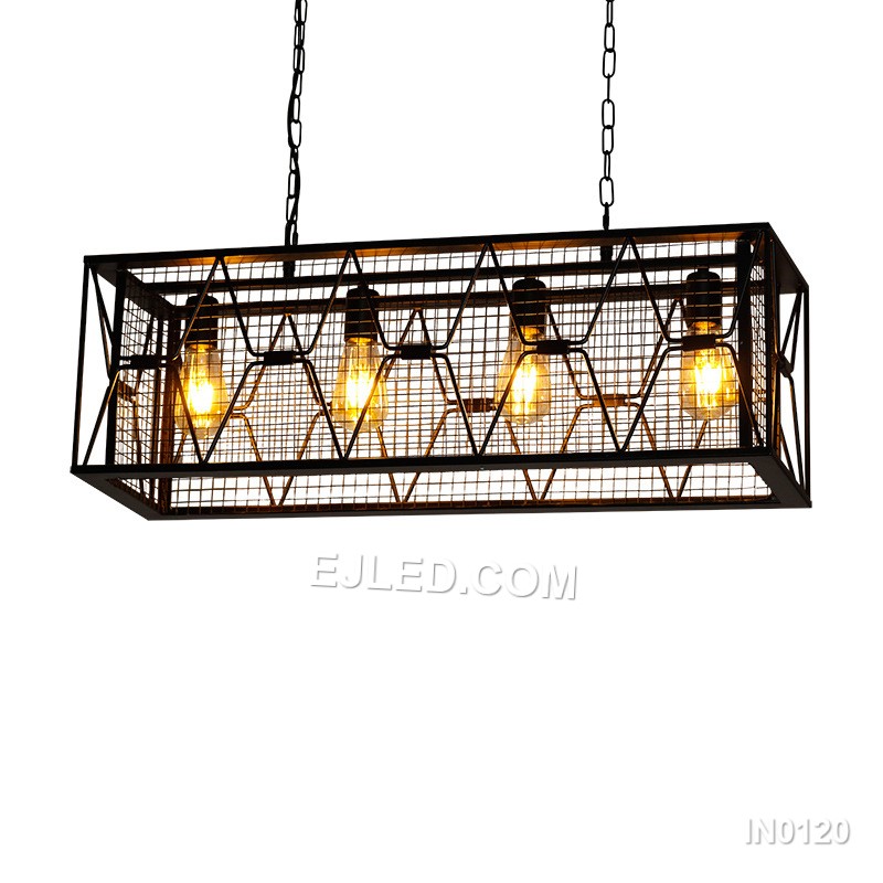 Hot Selling Rectangle Black Iron Pendant Lights Metal Grid Cage Lampshade with 4-Light Vintage Retro Decor Lamp for Kitchen IN0120