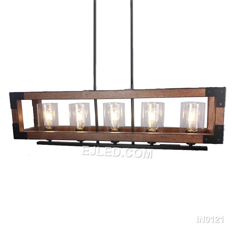 A wooden beam pendant light, the IN0121 integrates five clear glass candle-shaped shades for a warm, inviting glow. This fixture combines natural and industrial elements.