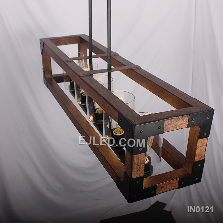 A wooden beam pendant light, the IN0121 integrates five clear glass candle-shaped shades for a warm, inviting glow. This fixture combines natural and industrial elements. - view 2