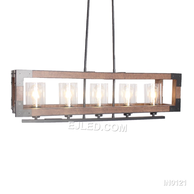 Black Metal And Wood Rectangle Chandelier Pendant Light with 5 Clear Glass Candle shade Vintage Retro Lamp for Farmhouse IN0121