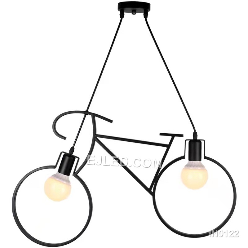 An iron pendant light, the IN0122 features a distinctive bicycle-frame design in black. It holds two exposed lamps, offering playful and direct illumination.