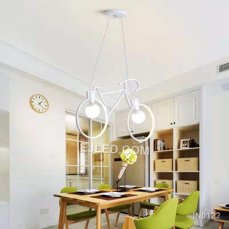 An iron pendant light, the IN0122 features a distinctive bicycle-frame design in black. It holds two exposed lamps, offering playful and direct illumination. - view 2
