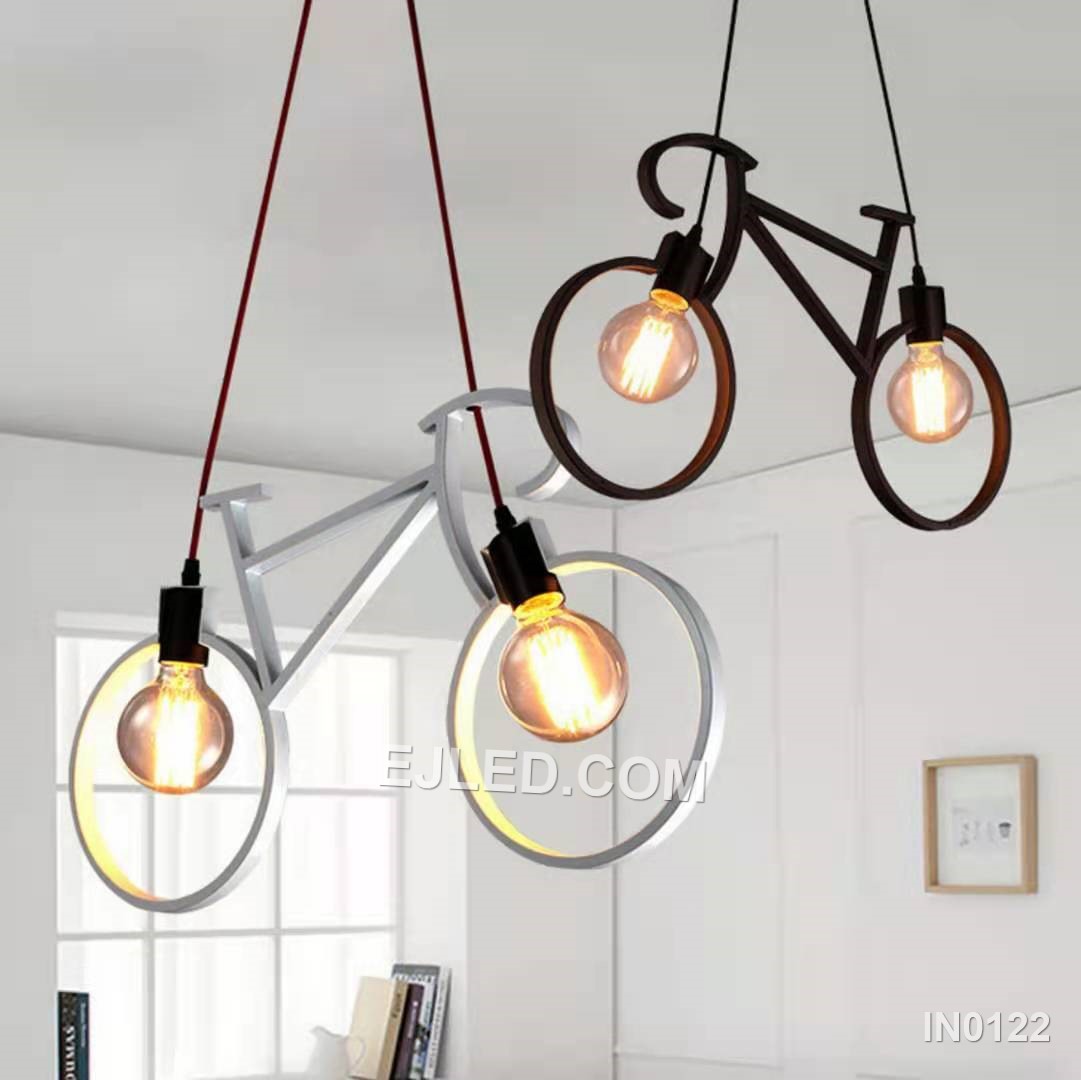 An iron pendant light, the IN0122 features a distinctive bicycle-frame design in black. It holds two exposed lamps, offering playful and direct illumination. - view 3