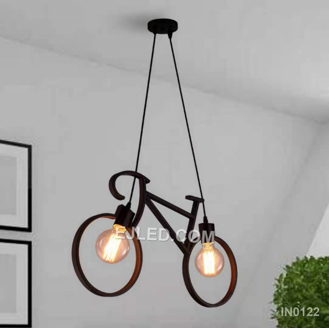 An iron pendant light, the IN0122 features a distinctive bicycle-frame design in black. It holds two exposed lamps, offering playful and direct illumination. - view 5