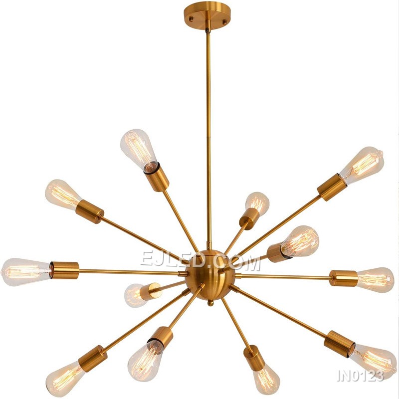 Designed for grand entrances, reception areas, or expansive dining rooms, the IN0123 is a striking 12-lamp Sputnik-style pendant light. Its brass frame features adjustable arms, allowing varied configurations to illuminate large spaces.