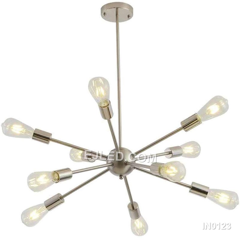 Designed for grand entrances, reception areas, or expansive dining rooms, the IN0123 is a striking 12-lamp Sputnik-style pendant light. Its brass frame features adjustable arms, allowing varied configurations to illuminate large spaces. - view 2
