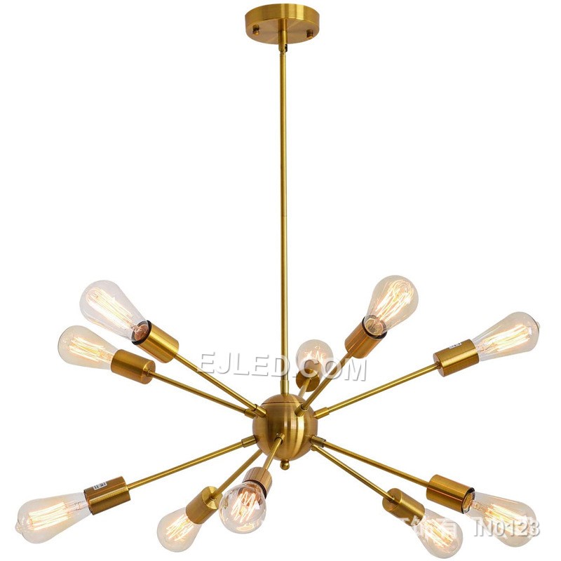 Designed for grand entrances, reception areas, or expansive dining rooms, the IN0123 is a striking 12-lamp Sputnik-style pendant light. Its brass frame features adjustable arms, allowing varied configurations to illuminate large spaces. - view 5