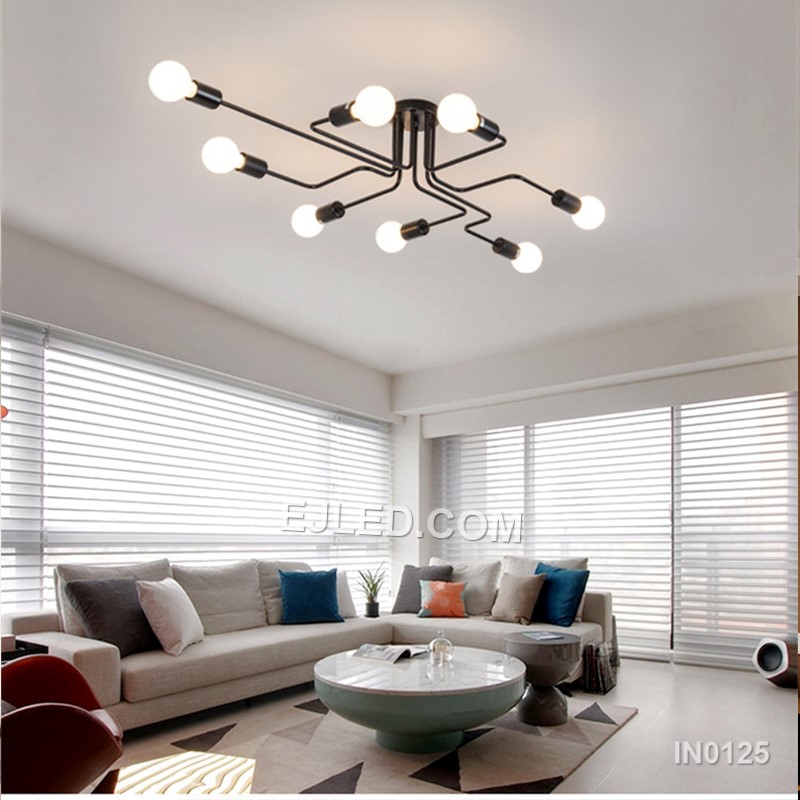 Sputnik Ceiling Light Vintage Metal Pendant Lighting Black Painted Finish Semi Flush Mount Chandelier with 8 Lights for Kitchen IN0125