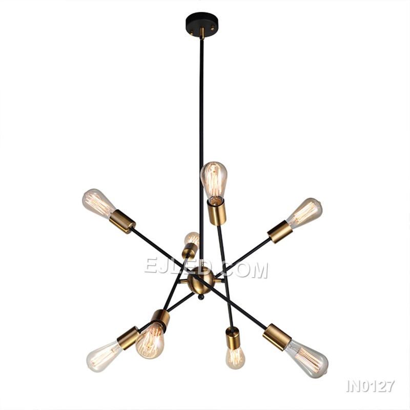 Featuring a brass construction, this 8-lamp sputnik pendant light radiates arms from a central sphere. Black-toned collars at each lamp holder and a matching ceiling rose provide contrast. Suspended by a rigid rod, it offers an unshaded, multi-directional light source.