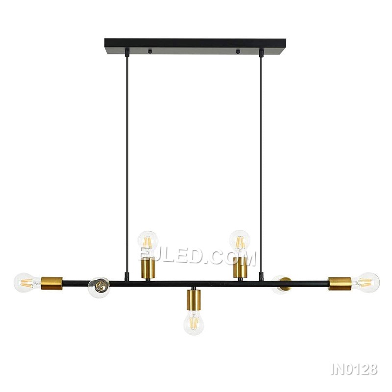 Black steel components create the linear framework of this 7-lamp sputnik pendant. Its central bar supports radiating arms, each with a gold-toned lamp holder, providing multi-directional illumination. Suspended by two cables, this design suits elongated spaces.