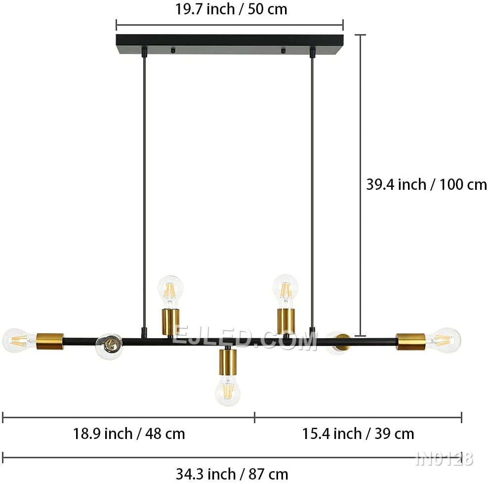 Black steel components create the linear framework of this 7-lamp sputnik pendant. Its central bar supports radiating arms, each with a gold-toned lamp holder, providing multi-directional illumination. Suspended by two cables, this design suits elongated spaces. - view 2