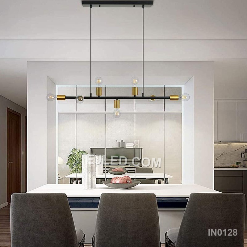 Black steel components create the linear framework of this 7-lamp sputnik pendant. Its central bar supports radiating arms, each with a gold-toned lamp holder, providing multi-directional illumination. Suspended by two cables, this design suits elongated spaces. - view 3