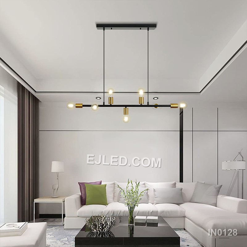 Black steel components create the linear framework of this 7-lamp sputnik pendant. Its central bar supports radiating arms, each with a gold-toned lamp holder, providing multi-directional illumination. Suspended by two cables, this design suits elongated spaces. - view 4