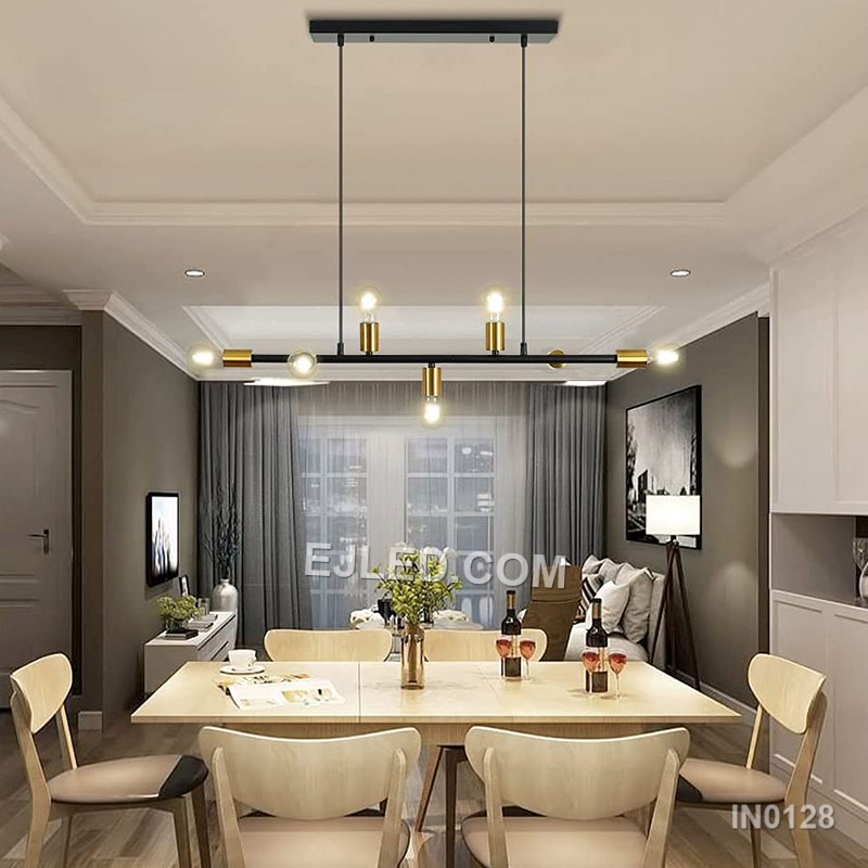 Black steel components create the linear framework of this 7-lamp sputnik pendant. Its central bar supports radiating arms, each with a gold-toned lamp holder, providing multi-directional illumination. Suspended by two cables, this design suits elongated spaces. - view 5