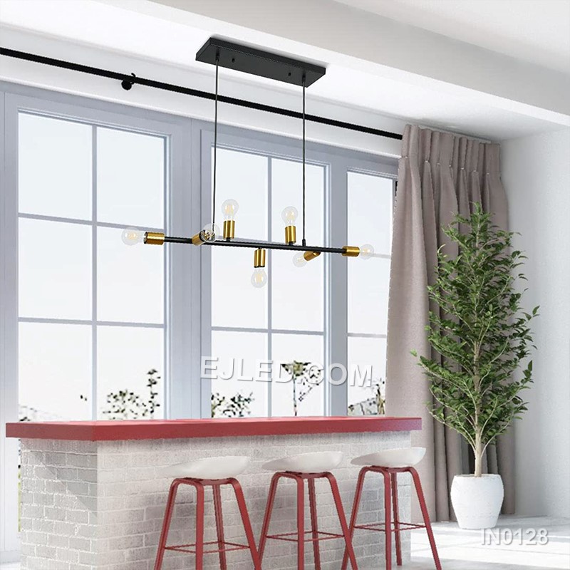 Black steel components create the linear framework of this 7-lamp sputnik pendant. Its central bar supports radiating arms, each with a gold-toned lamp holder, providing multi-directional illumination. Suspended by two cables, this design suits elongated spaces. - view 6