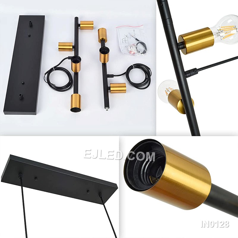 Black steel components create the linear framework of this 7-lamp sputnik pendant. Its central bar supports radiating arms, each with a gold-toned lamp holder, providing multi-directional illumination. Suspended by two cables, this design suits elongated spaces. - view 7