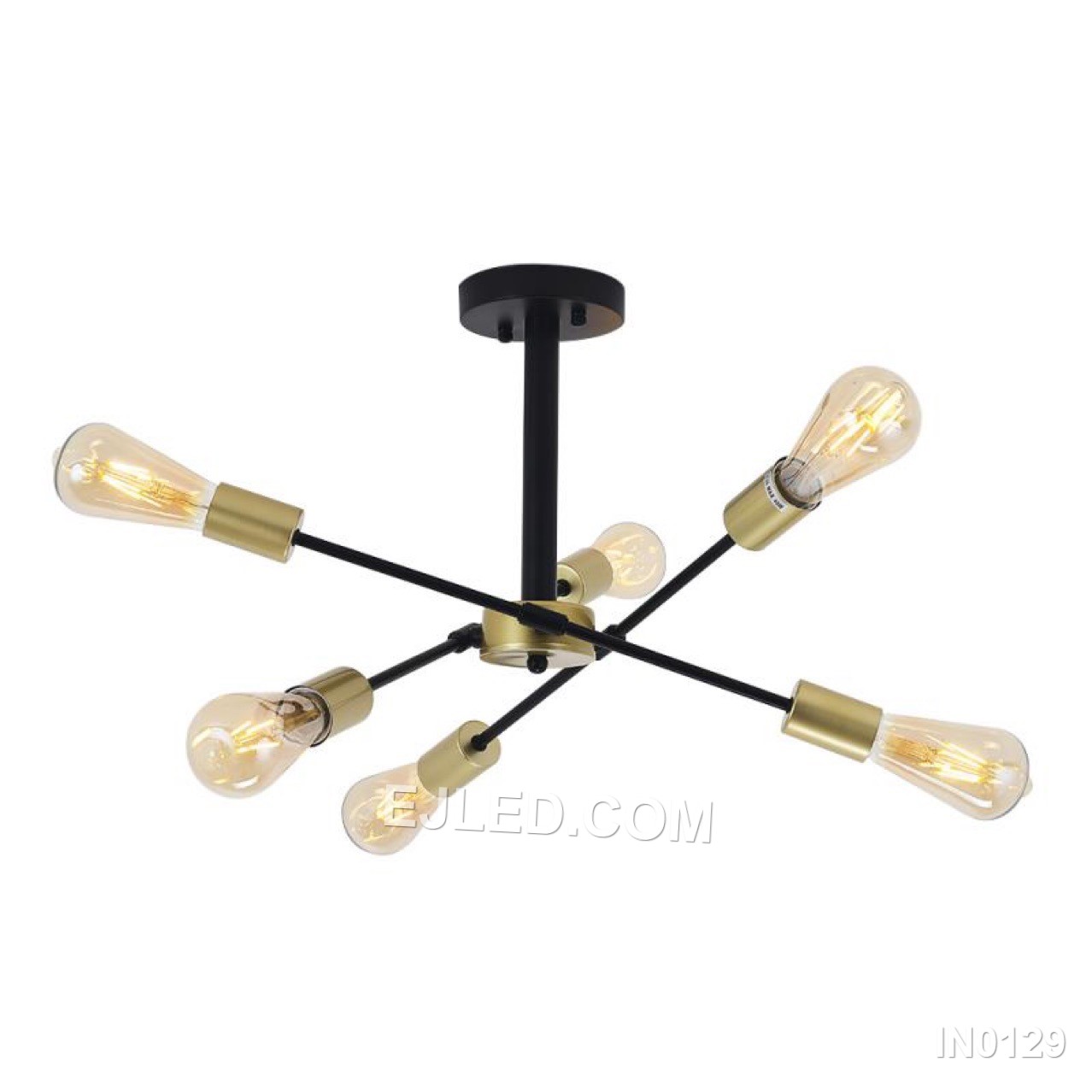 This compact sputnik fixture offers six brass-finished arms radiating from a central sphere, contrasted by black lamp holder collars. A semi-flush mount, it provides wide, unshaded illumination, distinguishing it from larger or suspended sputnik designs for spaces with lower ceilings.
