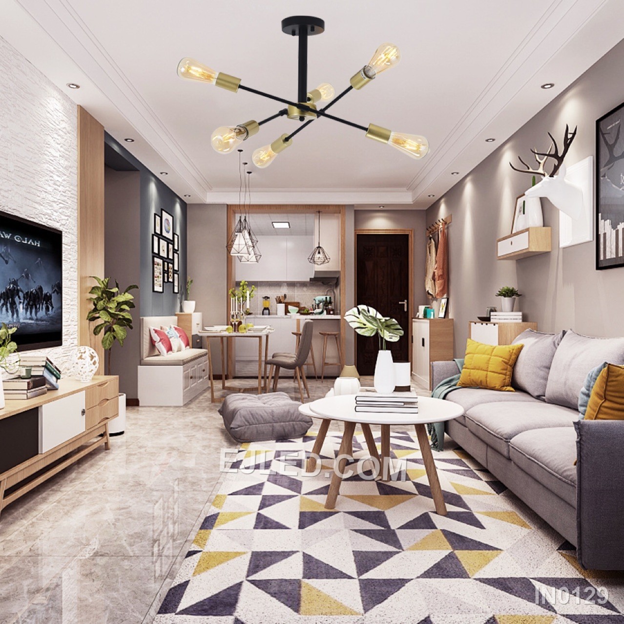 This compact sputnik fixture offers six brass-finished arms radiating from a central sphere, contrasted by black lamp holder collars. A semi-flush mount, it provides wide, unshaded illumination, distinguishing it from larger or suspended sputnik designs for spaces with lower ceilings. - view 5