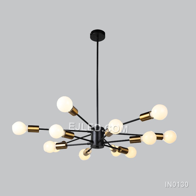 The IN0130 pendant light presents a large, 12-lamp sputnik design, ideal for substantial spaces. Its black steel body and radiating arms, each accented with a gold-toned collar, provide extensive, multi-directional illumination. This fixture hangs by a single cable from a matching black ceiling rose.