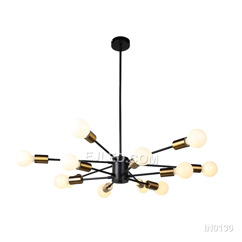 The IN0130 pendant light presents a large, 12-lamp sputnik design, ideal for substantial spaces. Its black steel body and radiating arms, each accented with a gold-toned collar, provide extensive, multi-directional illumination. This fixture hangs by a single cable from a matching black ceiling rose. - view 3