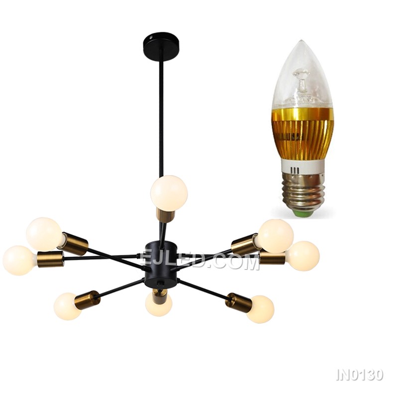 The IN0130 pendant light presents a large, 12-lamp sputnik design, ideal for substantial spaces. Its black steel body and radiating arms, each accented with a gold-toned collar, provide extensive, multi-directional illumination. This fixture hangs by a single cable from a matching black ceiling rose. - view 4