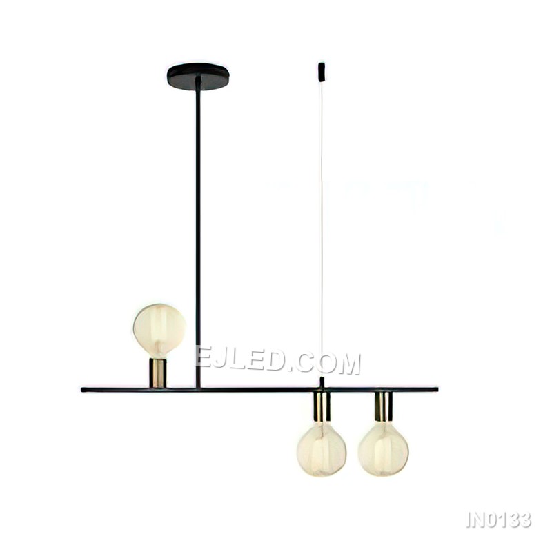 Fabricated from black steel, the IN0133 iron pendant light features an open rectangular frame, allowing unobstructed light projection. Three lamps hang in a linear arrangement, casting light freely for a clean, industrial look.