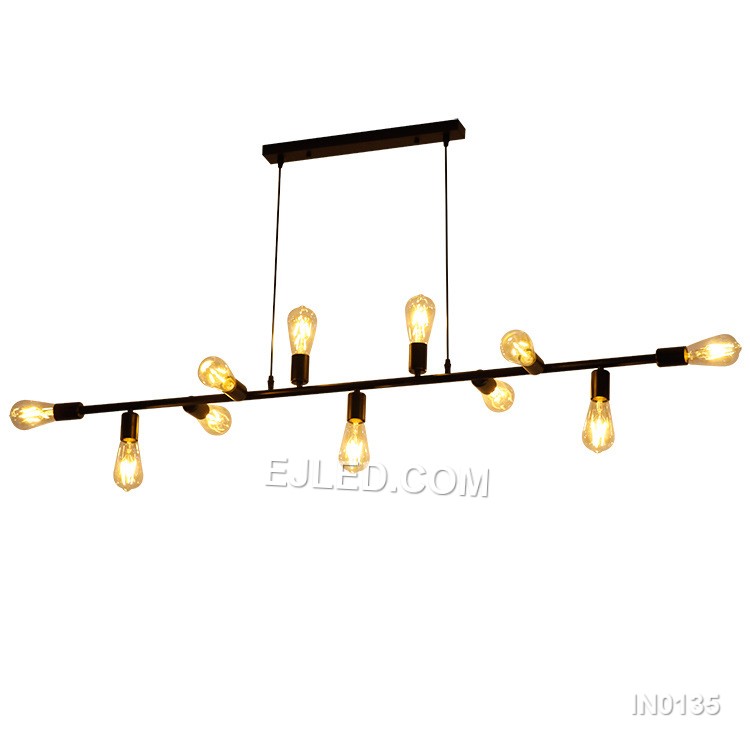 Steel construction defines the IN0135, a large rectangular open-frame pendant light. Eleven lamps radiate from two internal axes, providing extensive, multi-directional illumination. Its matte black finish creates a consistent, contemporary aesthetic.