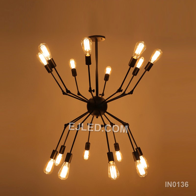 Ideal for grand spaces, the IN0136 iron pendant light is a dynamic sputnik fixture. Sixteen lamps radiate from a central sphere, providing expansive, multi-directional illumination. Its matte black finish offers a bold, contemporary aesthetic. - view 3