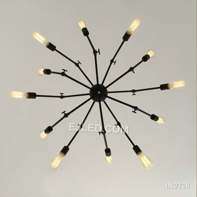 Ideal for grand spaces, the IN0136 iron pendant light is a dynamic sputnik fixture. Sixteen lamps radiate from a central sphere, providing expansive, multi-directional illumination. Its matte black finish offers a bold, contemporary aesthetic. - view 4