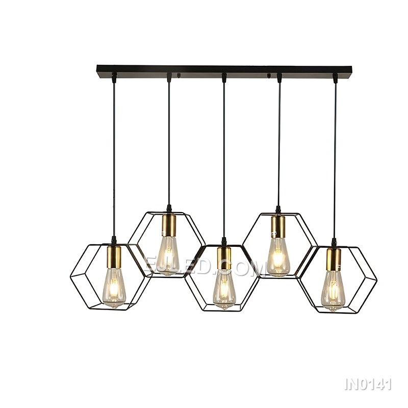 A rectangular black-finished brass frame defines the IN0141, a linear pendant light. It houses five lamps, each with a contrasting gold-finished accent, making it suitable for illuminating kitchen islands or dining tables in medium-sized rooms.