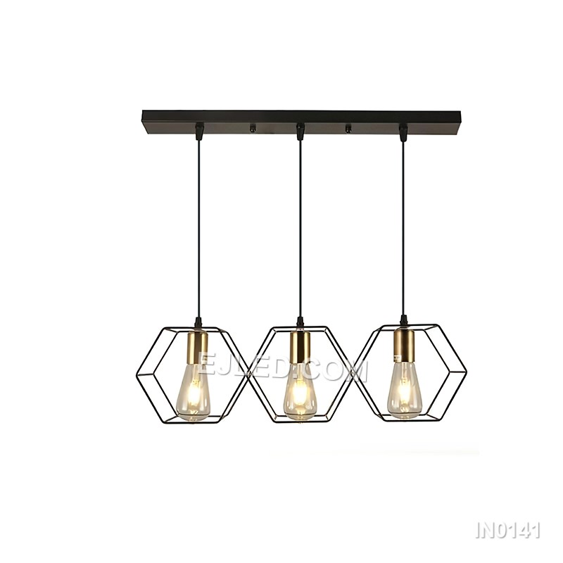 A rectangular black-finished brass frame defines the IN0141, a linear pendant light. It houses five lamps, each with a contrasting gold-finished accent, making it suitable for illuminating kitchen islands or dining tables in medium-sized rooms. - view 2
