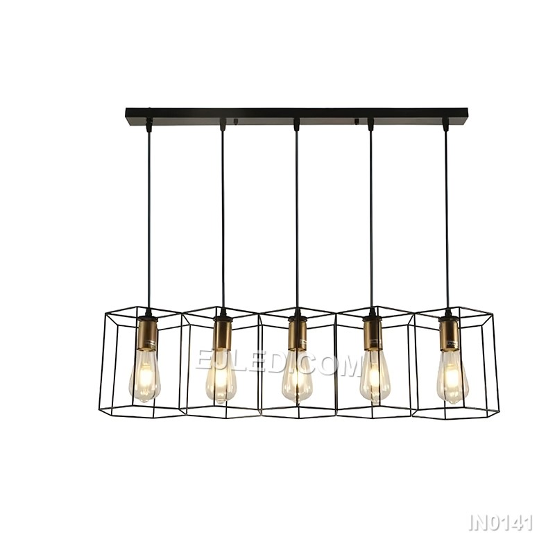 A rectangular black-finished brass frame defines the IN0141, a linear pendant light. It houses five lamps, each with a contrasting gold-finished accent, making it suitable for illuminating kitchen islands or dining tables in medium-sized rooms. - view 3