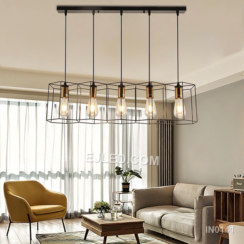 A rectangular black-finished brass frame defines the IN0141, a linear pendant light. It houses five lamps, each with a contrasting gold-finished accent, making it suitable for illuminating kitchen islands or dining tables in medium-sized rooms. - view 7