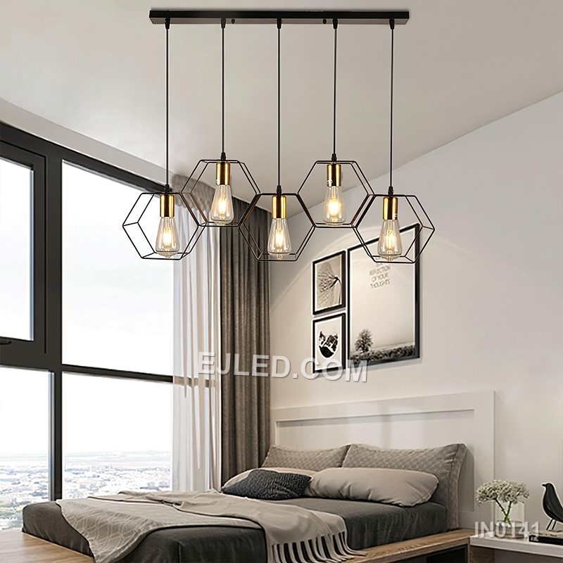 Black and Gold Chandelier Pendant Lights Rectangle Nordic Lights with Five Rings Gold Socket for Home Decor Kitchen IN0141
