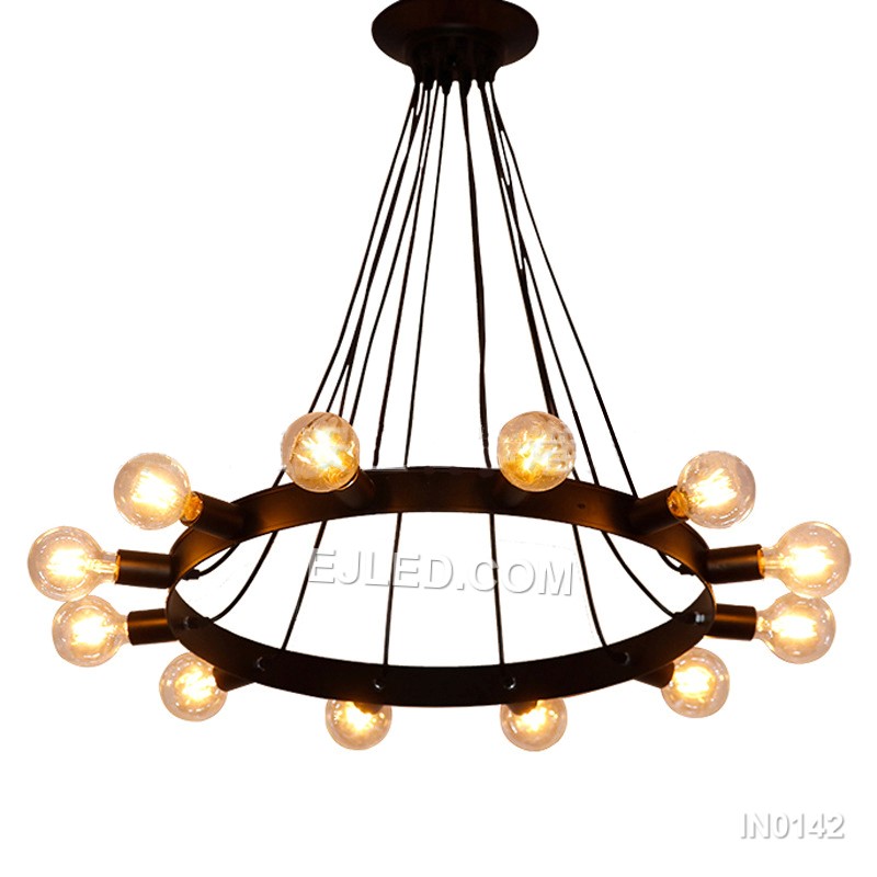 For expansive interiors, the IN0142 presents a large, round sputnik chandelier constructed from black-finished iron. Its twelve radiating arms, arranged in two tiers, offer multi-directional lighting, suitable for grand living rooms or commercial foyers.