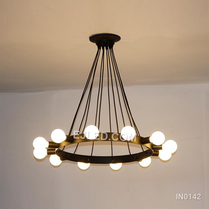 For expansive interiors, the IN0142 presents a large, round sputnik chandelier constructed from black-finished iron. Its twelve radiating arms, arranged in two tiers, offer multi-directional lighting, suitable for grand living rooms or commercial foyers. - view 3