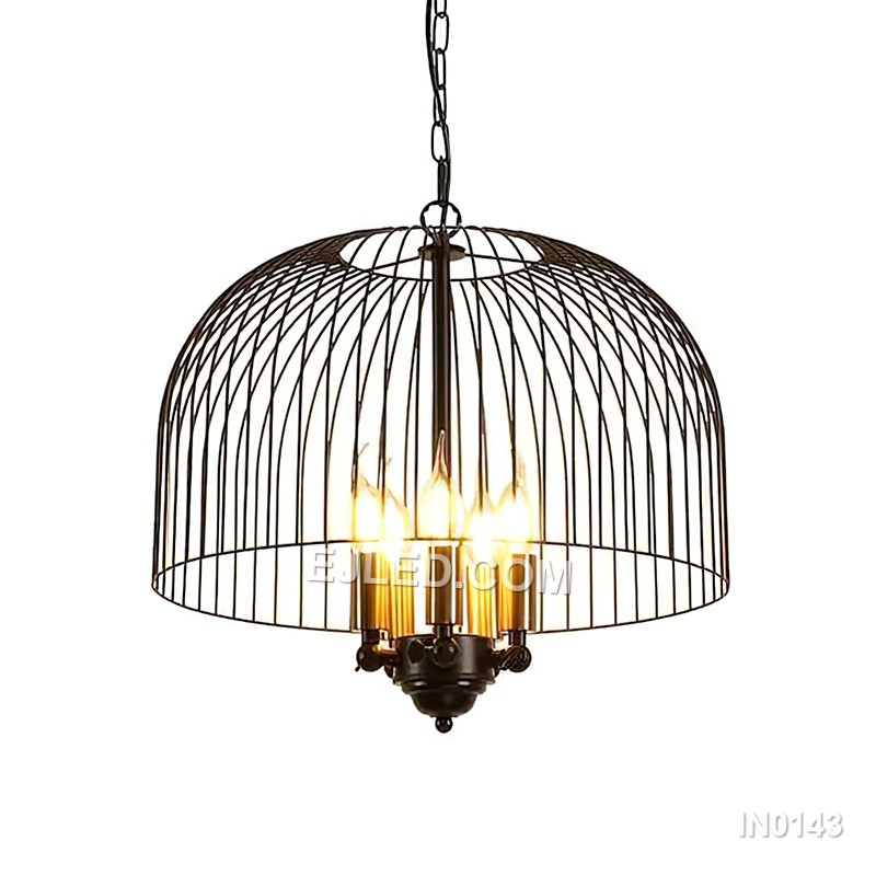 A striking dome-shaped pendant, the IN0143 features a black iron wire cage encompassing five splayed lamp holders. This large fixture offers a blend of industrial and contemporary design, casting unique patterns of light and shadow.